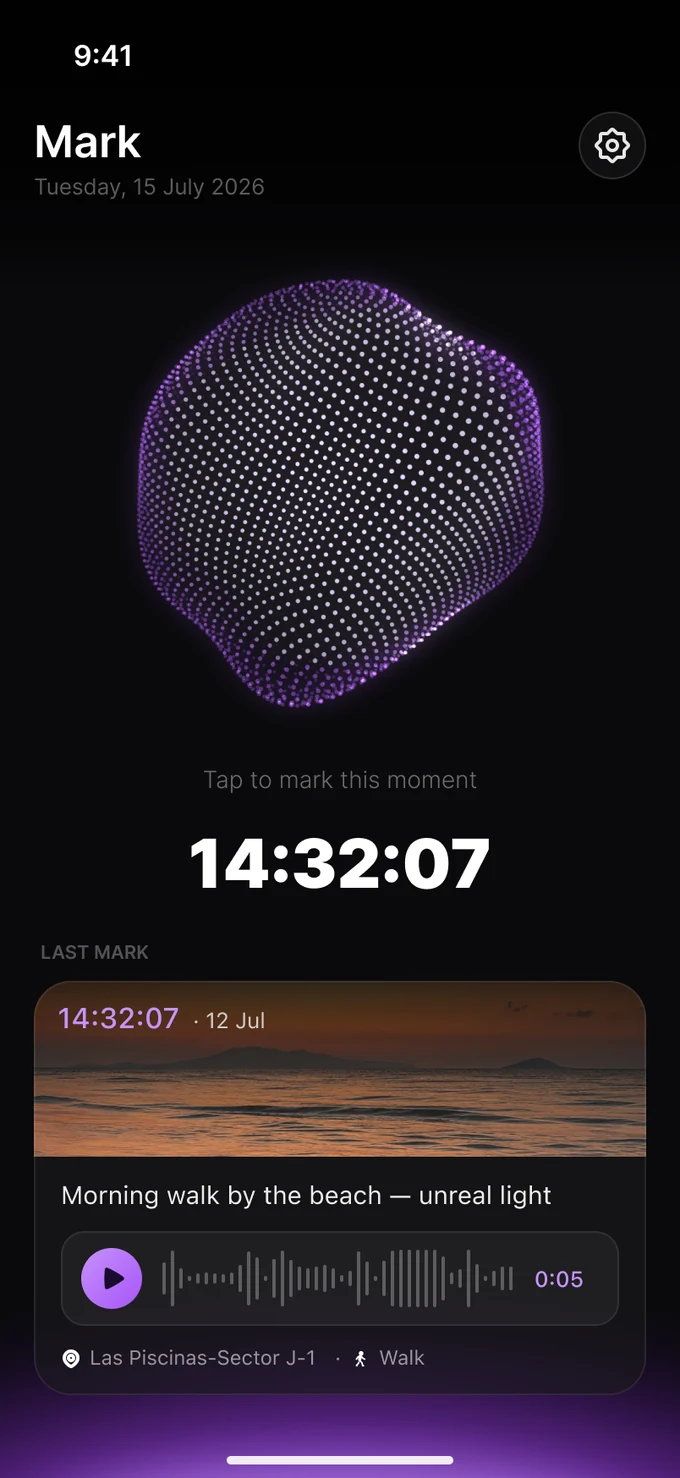 Mark home screen — a living pulse and a live clock