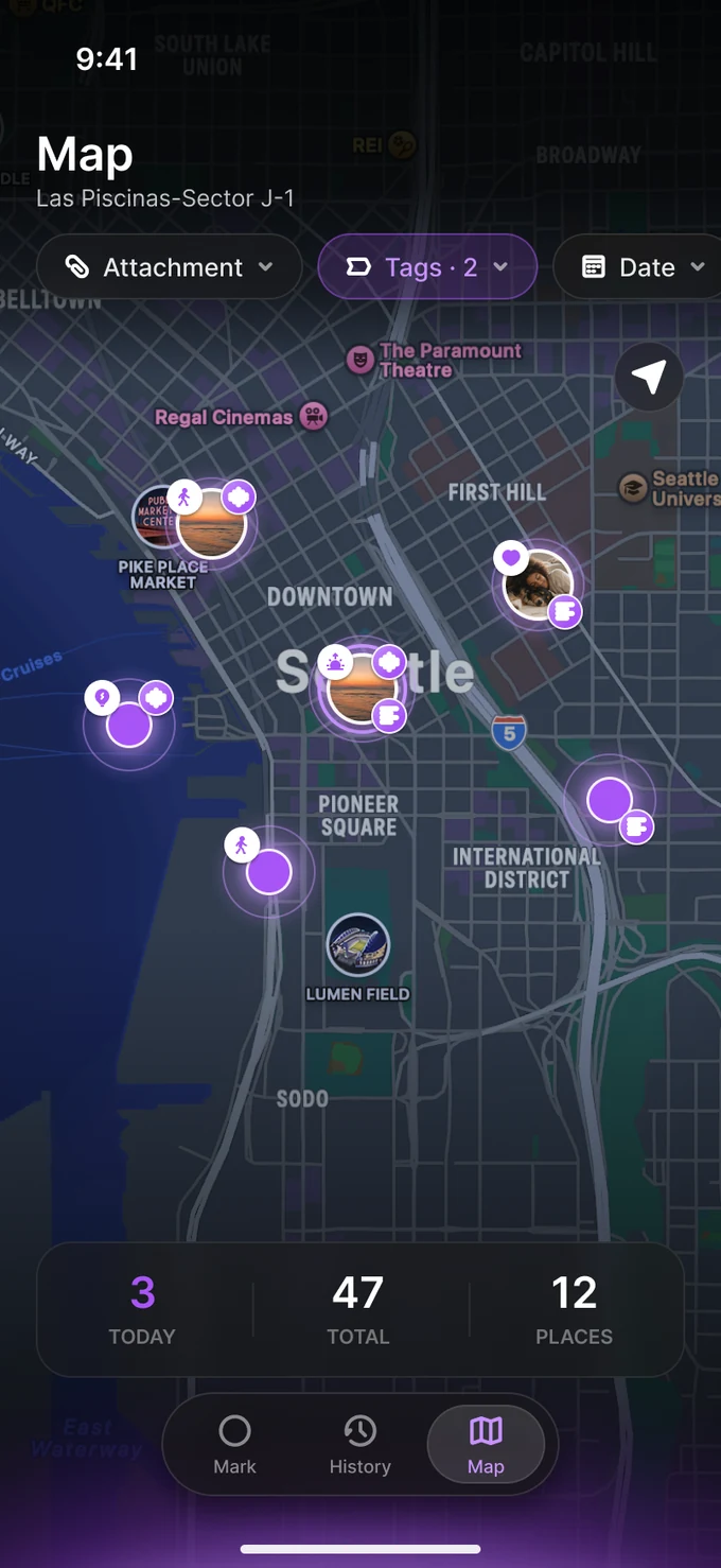A dark map with every marked moment glowing where it happened